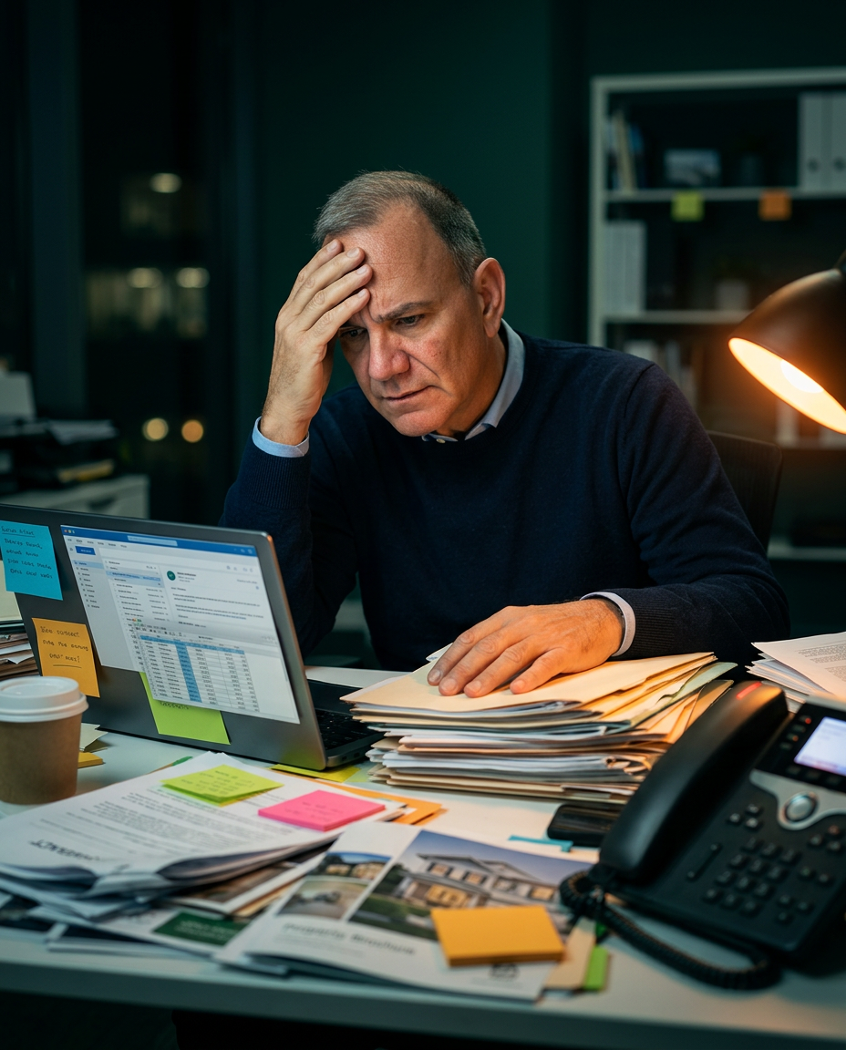 Real estate agent overwhelmed at a desk covered in paperwork
