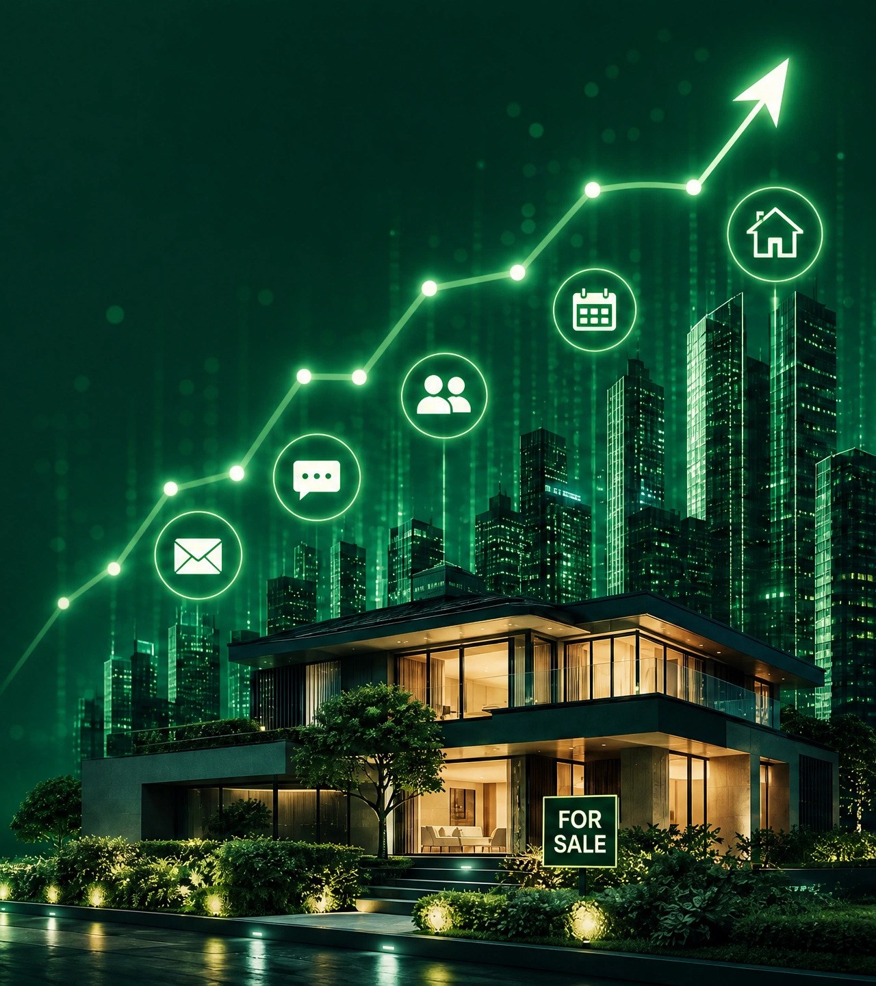Modern home for sale with a rising graph of marketing channels above the skyline