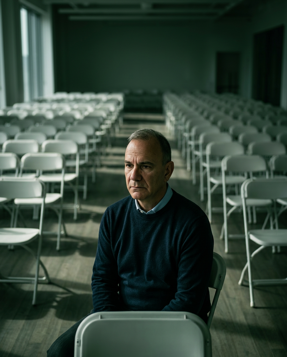 Agent sitting alone in a room of empty chairs