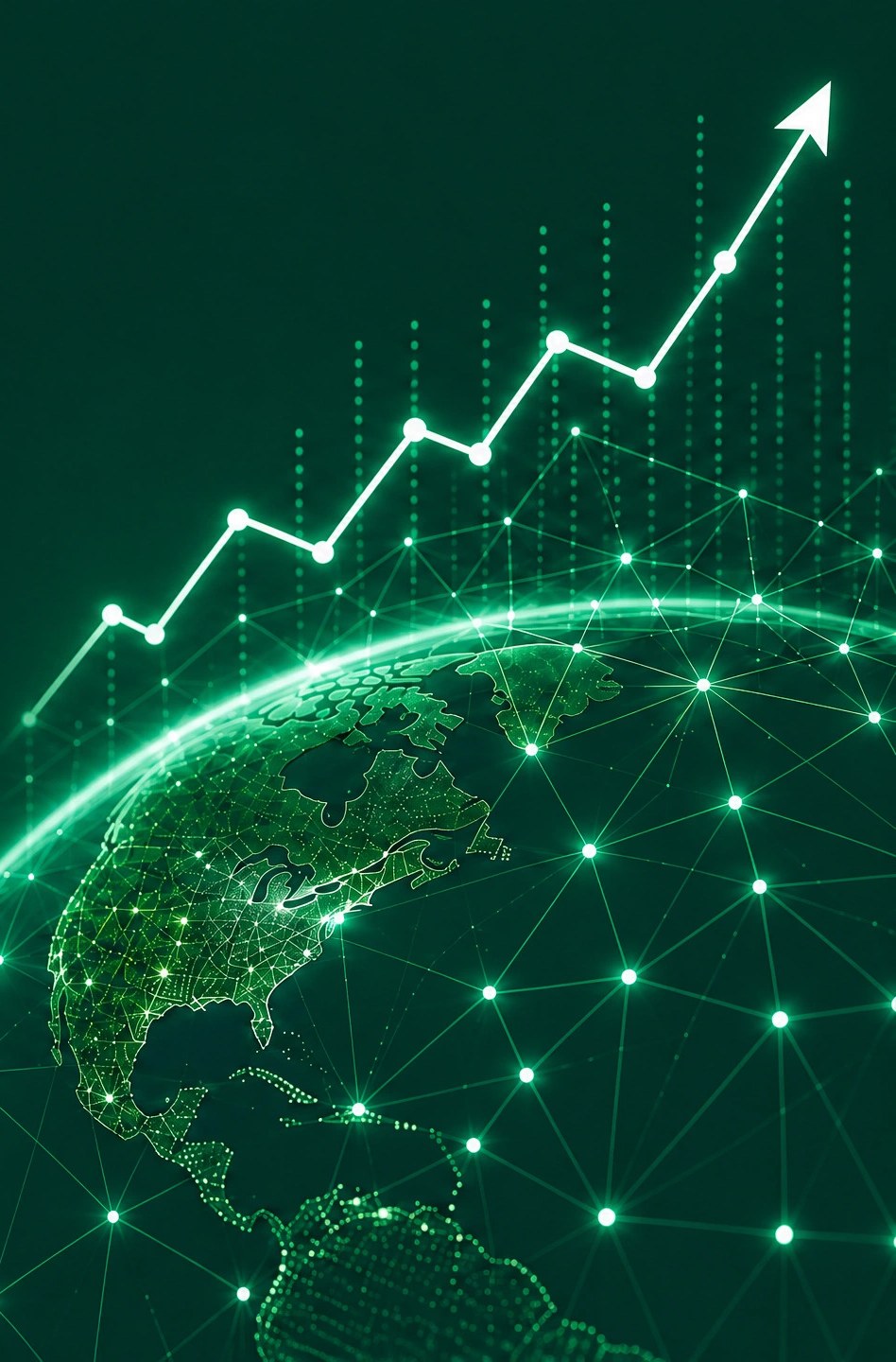 Glowing green globe with a rising performance curve