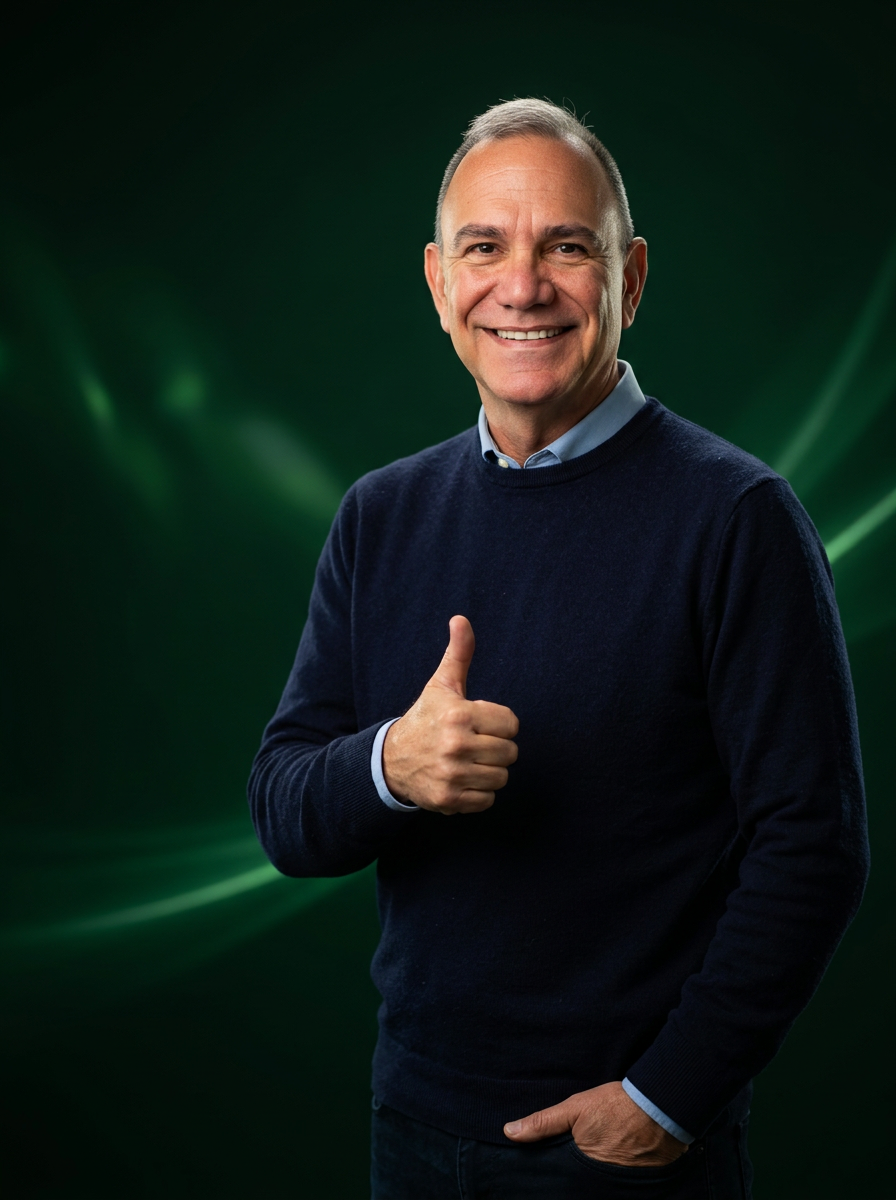 Smiling agent in a navy sweater giving a thumbs up