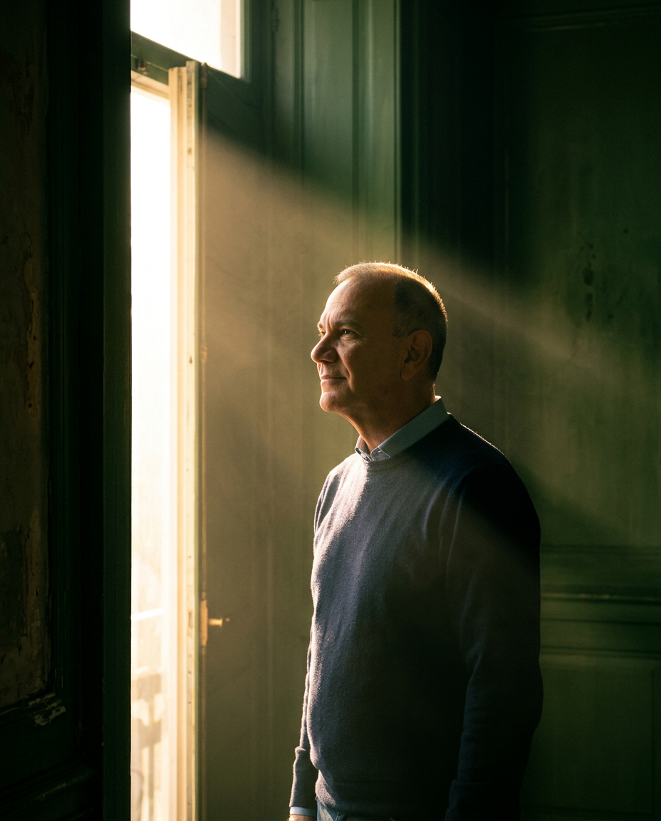 Agent standing in front of an opening door with light streaming in