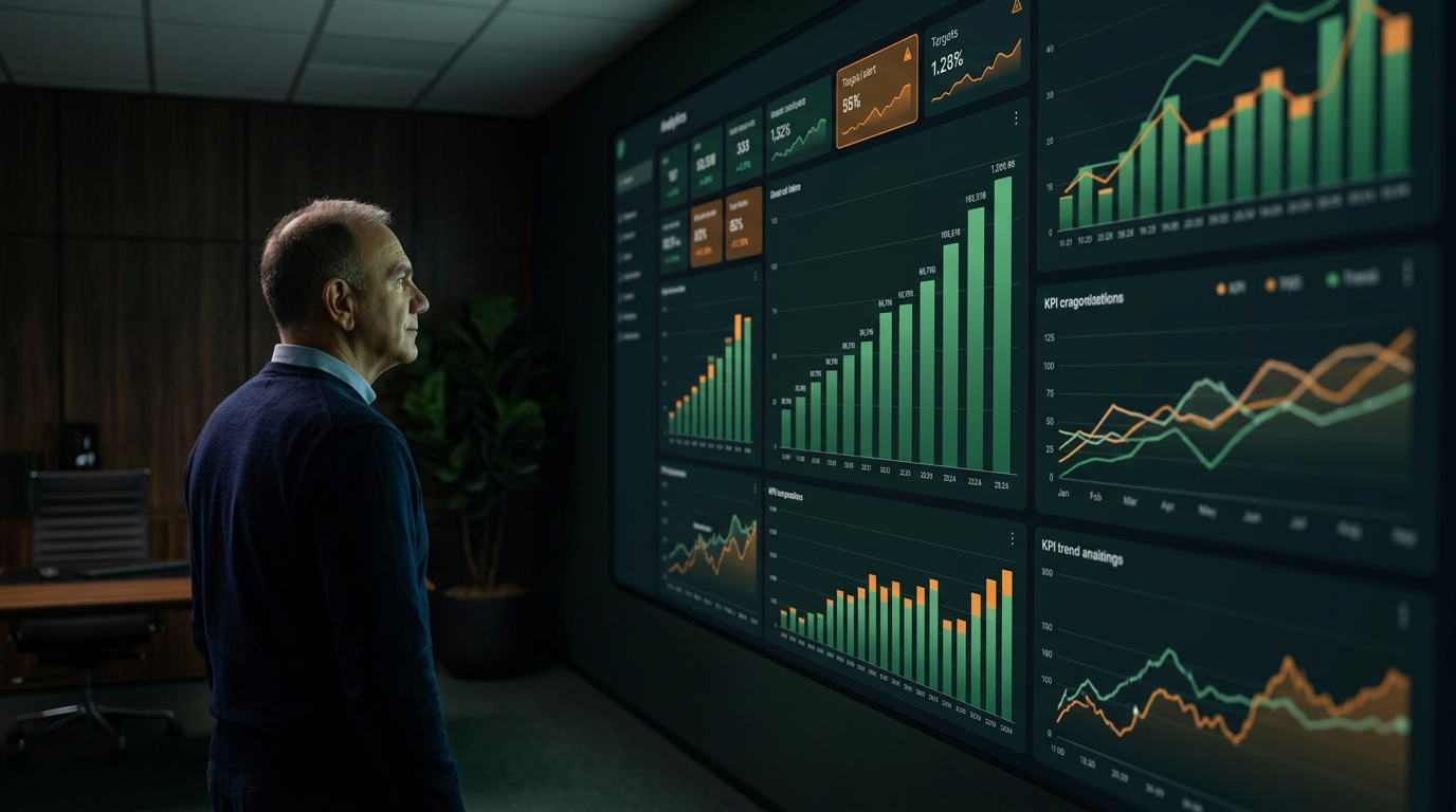 Agent studying a large analytics dashboard wall